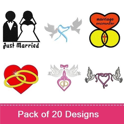 Wedding Embroidery Bundle – Doves with Heart, Bride Silhouette, Wedding Rings & More (20 Designs)