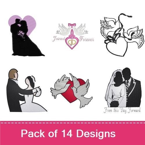 Romantic Wedding Embroidery Designs Bundle – Joined Forever, Bride Silhouette, Groom Silhouette & More (14 Designs)