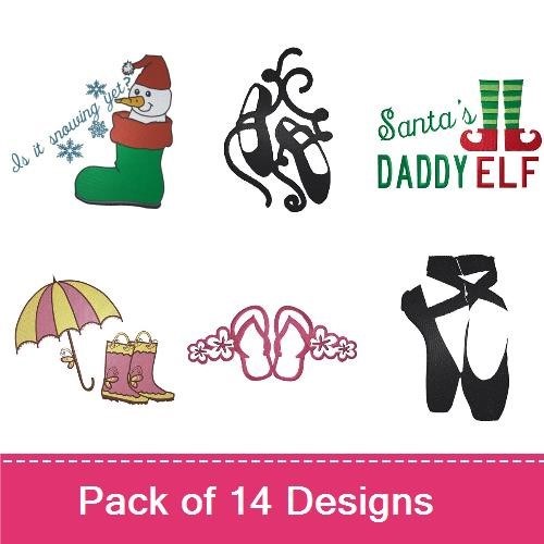 Footwear-Themed Embroidery Designs Bundle – Combat Boots, Santa Boot, Floral Shoe & More (13 Designs)