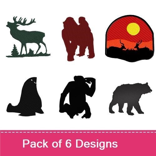 Wildlife Silhouettes Embroidery Designs Bundle – Bear, Moose, Two Apes & More (6 Designs)