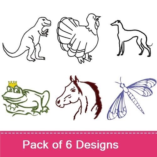 Dinosaur & Animal Embroidery Bundle – T-Rex, Turkey & More (6 Designs)