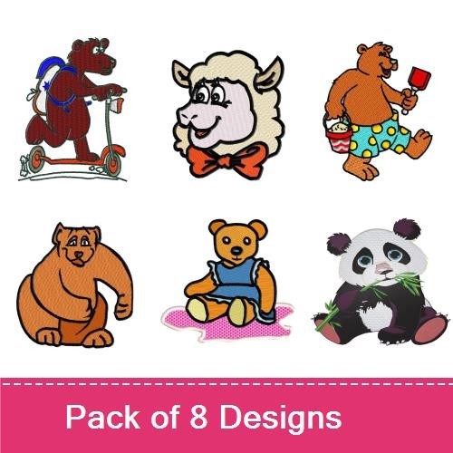 Cute Animal Characters Embroidery Designs Bundle – Panda with Bamboo, Dog on Scooter, Mouse with Cheese & More (8 Designs)