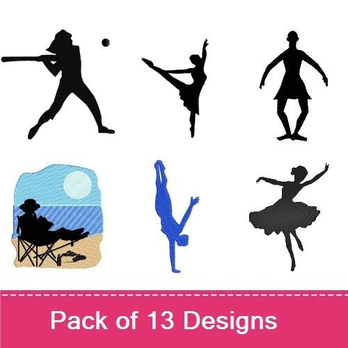 Dynamic Silhouette Figures Embroidery Designs Bundle – Dancer, Baseball Player, Drummer & More (13 Designs)