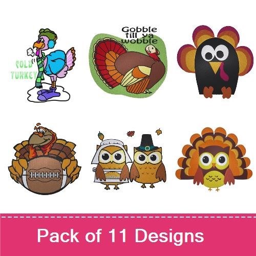 Thanksgiving Turkeys Embroidery Bundle – Colorful Feathers, Classic Turkey, Owl & More (10 Designs)