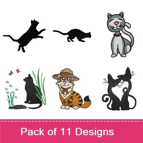 Charming Cat Embroidery Designs Bundle – Silhouette Cat, Cat with Butterflies, Tabby Cat & More (11 Designs)