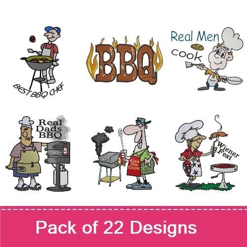 Cooking & BBQ Humor Embroidery Designs Bundle – Chef with Pan, BBQ Grill Chef, Good Friends Good Food & More (22 Designs)
