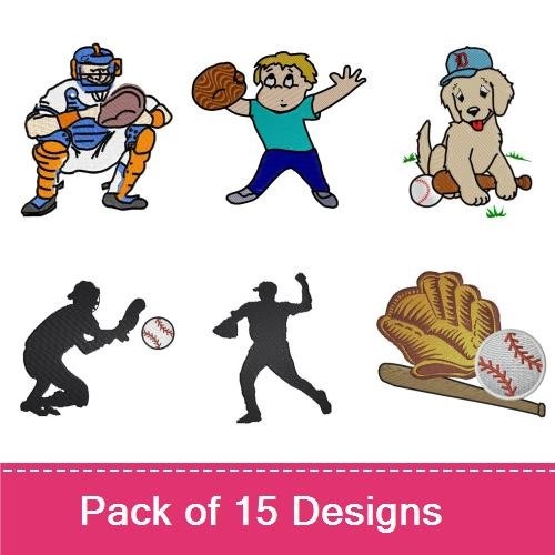 Baseball Embroidery Bundle – Catcher, Player & Dog (15 Designs)