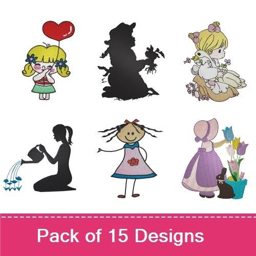 Nature Elements & Whimsical Girls Embroidery Designs Bundle – Girl with Goose, Girl Watering Flowers, Girl in Hat with Flowers & More (15 Designs)