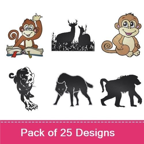 Cute Cartoon Animals Embroidery Bundle – Wolf, Deer, Elephant, Monkey & More (25 Designs)
