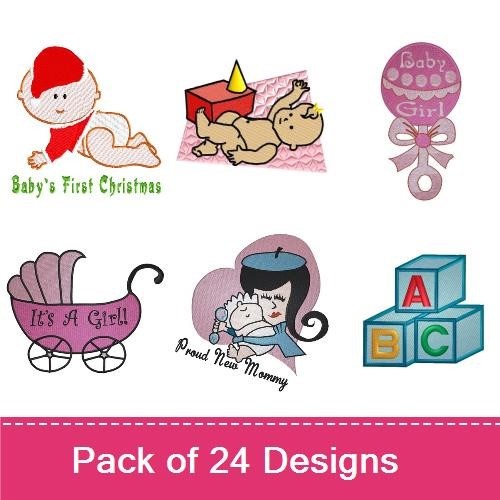 Baby Occasions Embroidery Designs Bundle – Baby Girl Pacifier, It's a Girl Stork, Baby's First Christmas & More (21 Designs)