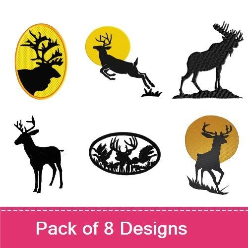 Deer & Moose Silhouettes Embroidery Designs Bundle – Deer Head, Stag, Leaping Deer & More (8 Designs)