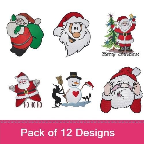 Festive Santa & Holiday Characters Embroidery Designs Bundle – Santa with Tree, Santa with Gifts & More (12 Designs)
