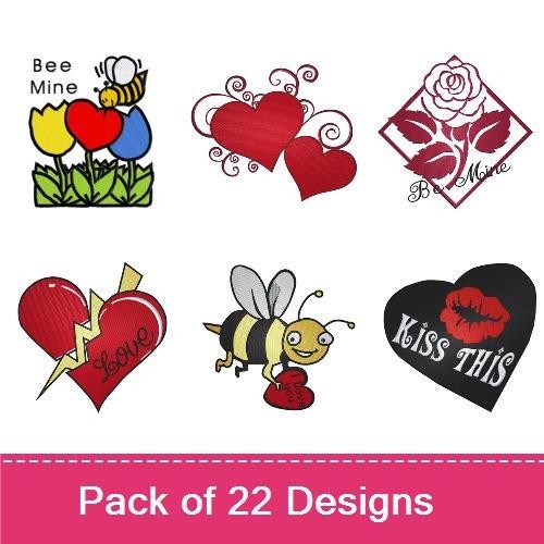 Valentine's Characters Embroidery Designs Bundle – Bee Mine, Love Bug, Cupid's Heart & More (17 Designs)
