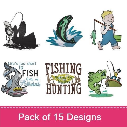 Fishing & Hunting Embroidery Bundle – Fishing Rod with Bass, Fishing Bear, Catch of the Day & More (15 Designs)