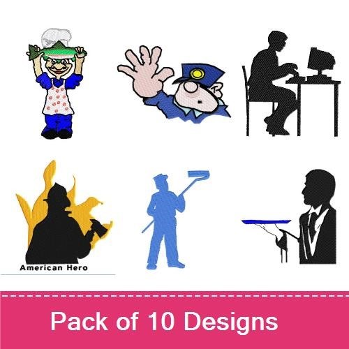 Occupations Embroidery Designs Bundle – Chef with Chicken, Police Officer with Gun, Firefighter with Flames & More (10 Designs)