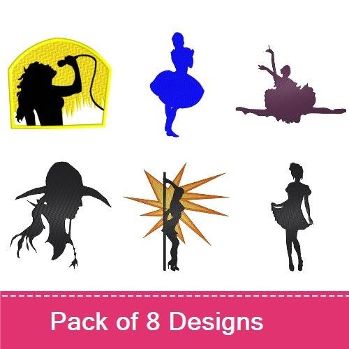 Dynamic Silhouettes of Performers Embroidery Designs Bundle – Guitar Player, Dancer, Stylized Singer & More (8 Designs)