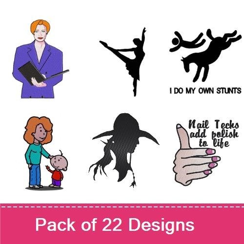 Women Silhouettes and Activities Embroidery Designs Bundle – Nurse, Guitar Player, Dancer & More (22 Designs)
