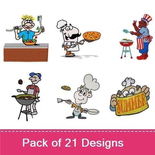 Cooking Characters Embroidery Designs Bundle – Chef with Pizza, Grilling Chef, Boy with Fork & Spoon & More (20 Designs)