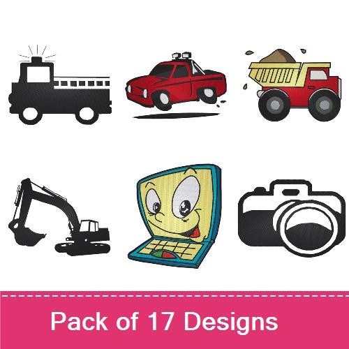 Construction Vehicle Embroidery Designs Bundle – Dump Truck, Excavator, Pickup Truck & More (17 Designs)