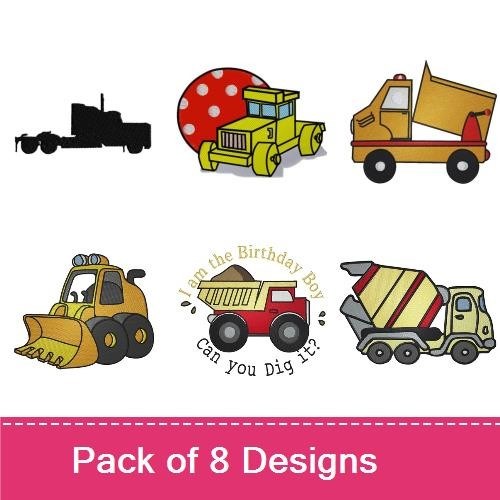Construction Vehicles Embroidery Designs Bundle – Dump Truck with Dirt, Fire Truck, Excavator & More (8 Designs)