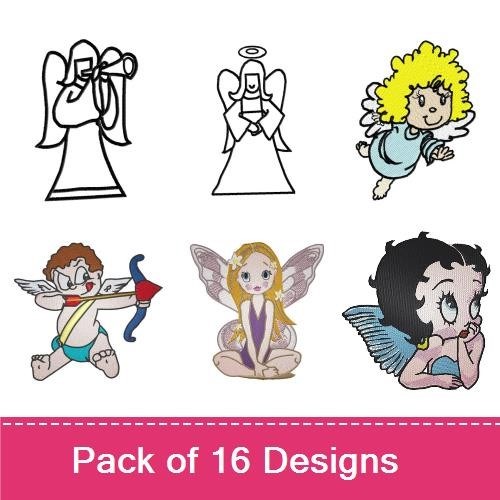 Whimsical Angels Embroidery Designs Bundle – Angel with Halo, Angel Holding Star, Winking Angel & More (16 Designs)