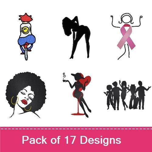 Women Silhouettes Embroidery Designs Bundle – Bowling Woman, Business Woman with Briefcase, Swaying Woman & More (17 Designs)