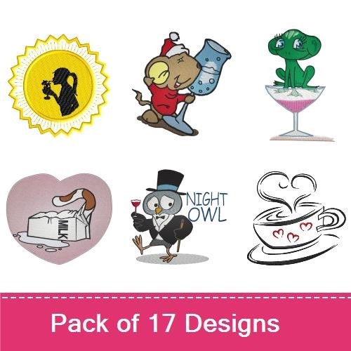 Funny Drinking & Relaxation Embroidery Designs Bundle – Coffee Cup with Hearts, Cocktail Glass, Happy Face & More (16 Designs)