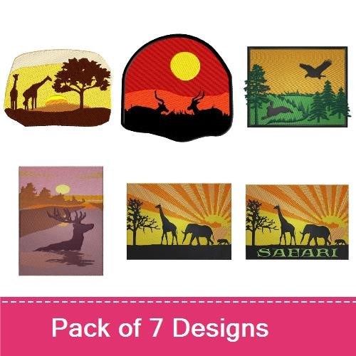Wildlife Sunset Embroidery Designs Bundle – Giraffe Silhouette, Elephant Family, Sunset Over Water & More (7 Designs)
