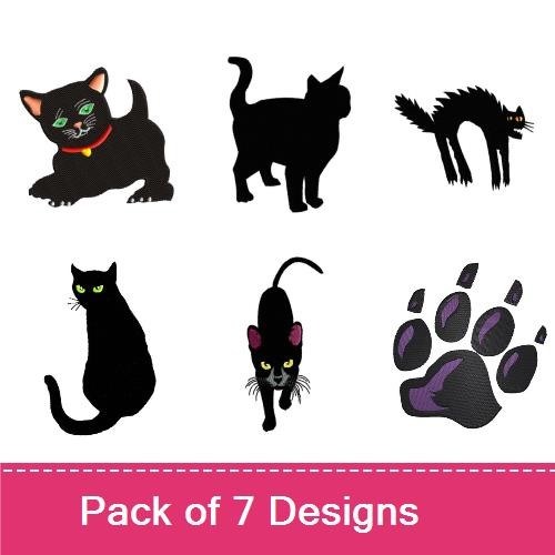Halloween Black Cats & Pumpkins Embroidery Designs Bundle – Black Cat on Pumpkin, Silhouettes, Paw Print & More (7 Designs)