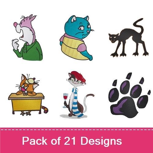 Whimsical Cats Embroidery Designs Bundle – Black Cat with Pumpkin, Singing Cat, Gray Cat with Bow & More (20 Designs)
