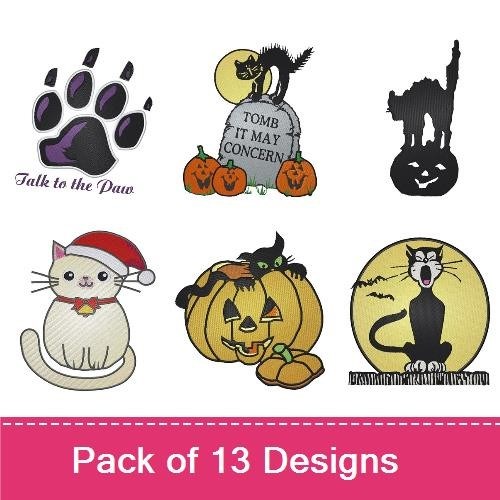 Halloween Cat Embroidery Bundle – Black Cat on Pumpkin, Cat with Tombstone, Spooky Cat & More (13 Designs)