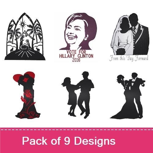 Romantic Silhouettes Embroidery Designs Bundle – Hillary Clinton, Wedding Couple, Man and Woman & More (9 Designs)