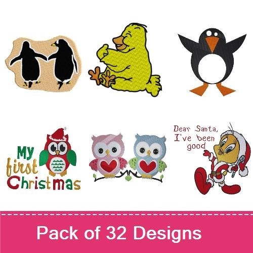 Holiday Birds Embroidery Designs Bundle – Penguin Group Singing, Penguin with Santa Hat, Rooster & More (32 Designs)