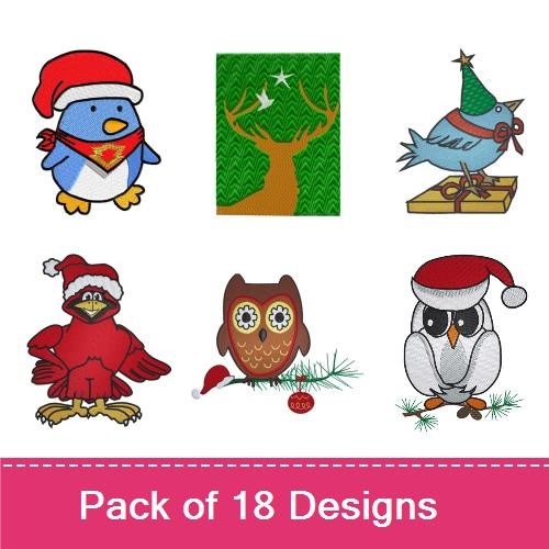 Festive Winter Birds Embroidery Designs Bundle – Penguin Group Singing, Superhero Penguin, Cardinal with Hat & More (18 Designs)