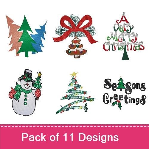Christmas Tree Embroidery Designs Bundle – Swirly Tree, Starry Tree, Christmas Tree with Gifts & More (11 Designs)