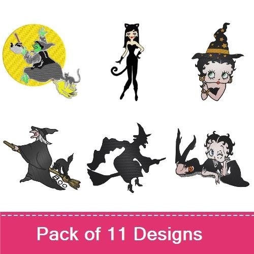 Vintage Halloween Witch & Devil Embroidery Bundle – Witch with Broom, Flying Witch, Devil with Pitchfork & More (10 Designs)