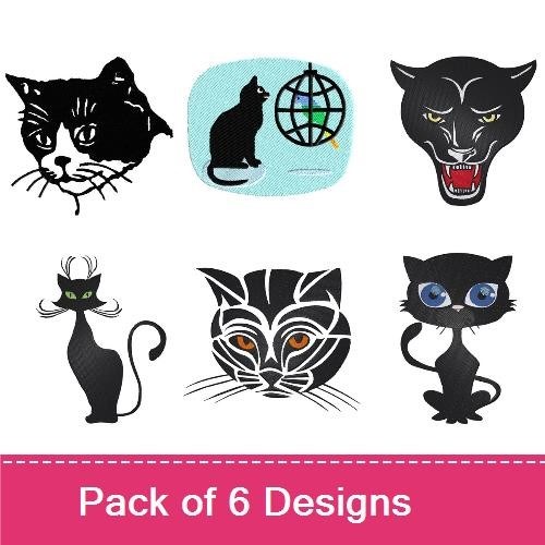 Charming Cat Embroidery Designs Bundle – Elegant Black Cat, Whimsical Cat with Green Eyes, & More (6 Designs)