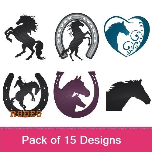 Western Horse Silhouettes Embroidery Designs Bundle – Prancing Horse, Horseshoe with Hearts, Horse & Rider & More (15 Designs)