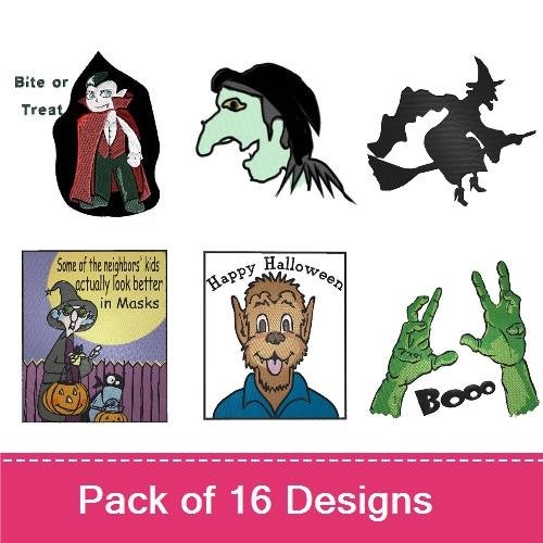 Halloween-Themed Embroidery Designs Bundle – Witch on Broomstick, Pumpkin Face, Halloween Owl & More (12 Designs)