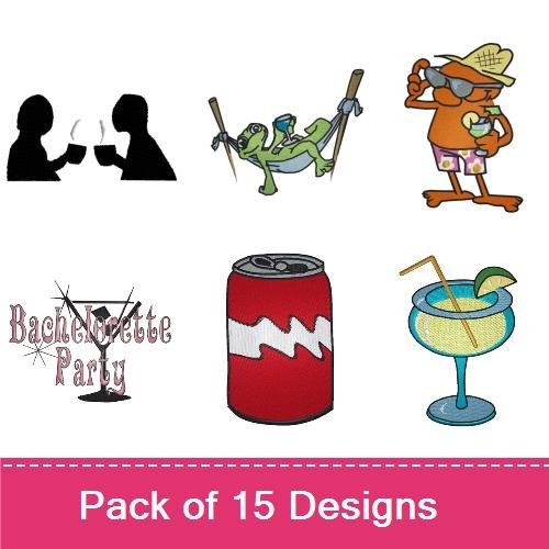 Fun Party & Beverages Embroidery Designs Bundle – Coffee Mug with Steam, Bachelorette Party, Duck with Party Hat & More (15 Designs)