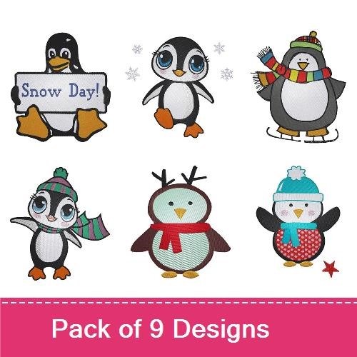 Cute Winter Penguins Embroidery Bundle – Penguin with Snowflakes, Penguin in Scarf, & More (8 Designs)