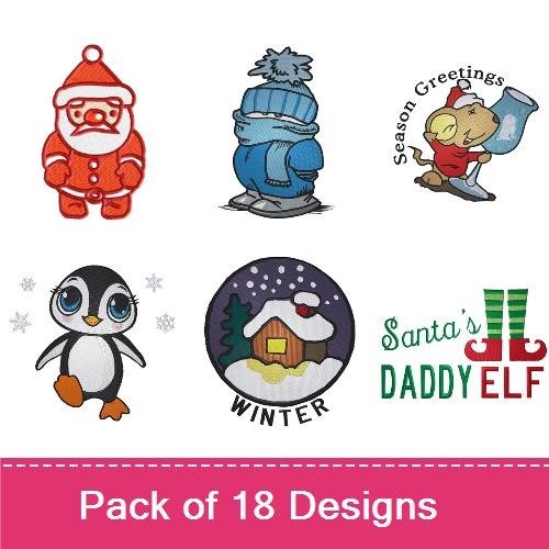 Winter Holiday Characters Embroidery Designs Bundle – Penguin, Santa Claus, Snowman & More (18 Designs)
