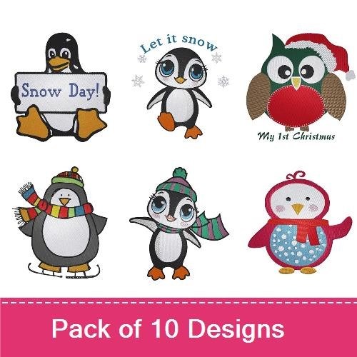 Winter Birds Embroidery Designs Bundle – Penguin with Scarf, Owl with Christmas Hat, Snowman Penguin & More (9 Designs)