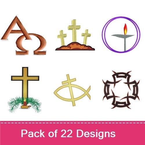Christian Symbols Embroidery Designs Bundle – Candle with Pine, Cross with Circle, Holy Bible & More (22 Designs)