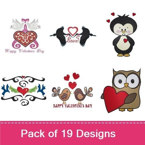 Valentine's Day Love Birds Embroidery Designs Bundle – Love Birds, Love Owls, Penguin with Heart & More (18 Designs)