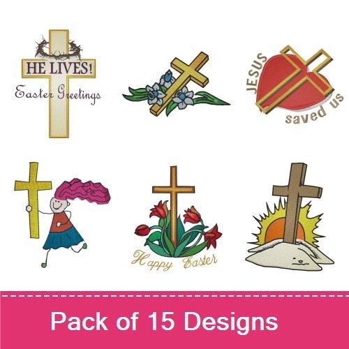 Easter Cross Embroidery Designs Bundle – Easter Cross with Lilies, He Lives, Cross with Rays & More (15 Designs)