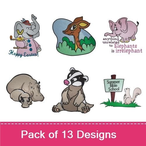 Cute Cartoon Animals Embroidery Designs Bundle – Moose, Monkey with Banana, Elephant & More (12 Designs)