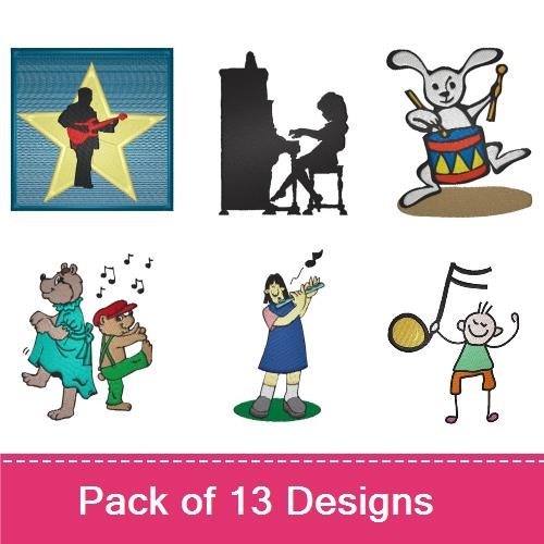 Musical Instruments & Notes Embroidery Designs Bundle – Guitar Player, Piano Silhouette, Bunny with Instrument & More (12 Designs)