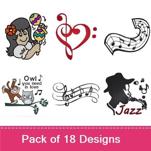 Music and Fun Embroidery Designs Bundle – Treble Clef Heart, Kangaroo Playing Music, Elephant with Guitar & More (16 Designs)