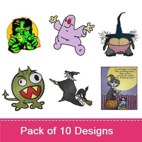 Halloween Characters Embroidery Designs Bundle – Witch with Pumpkin, Green Monster, Cute Ghost & More (10 Designs)